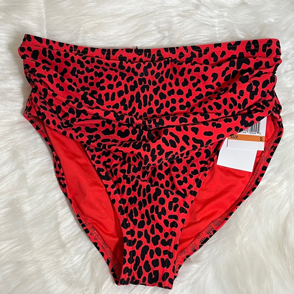 NWT Michael Michael Kors Sea Coral Red Leopard Ruched Bikini Bottom